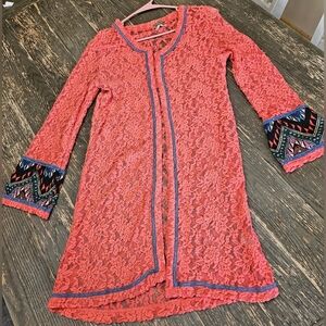 Gimmicks by BKE Womens Cardigan Lace Coral Long Sleeve Aztec Trim Open Front M